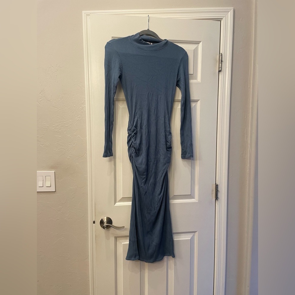Sundry Ribbed Mock Turtle Neck Blue Long Sleeve Dress